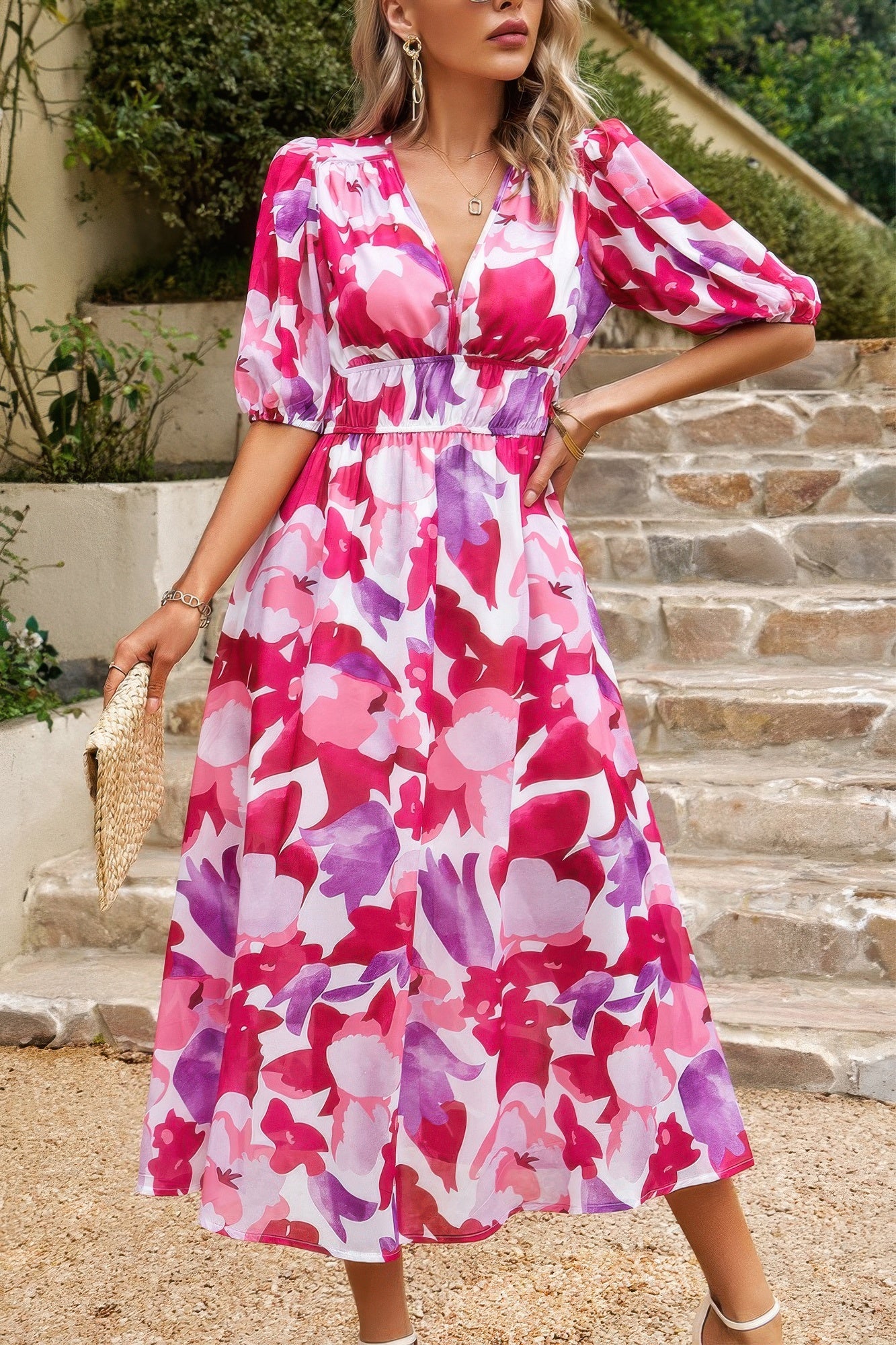 Bohemian V Neck Elastic Waisted Band Midi Dress