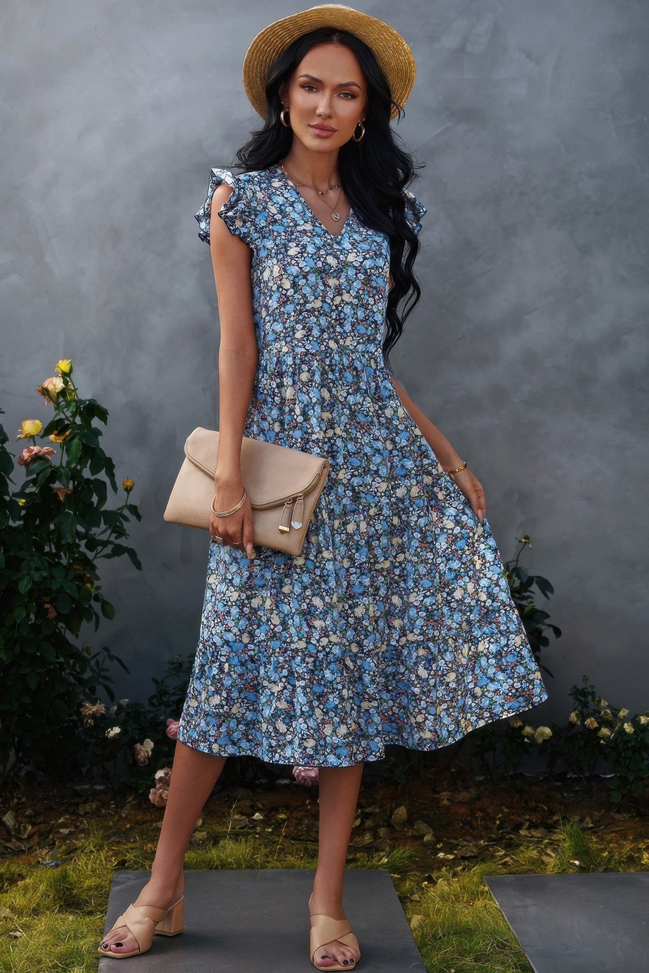 Boho Floral V Neck Ruffle Sleeve A Line Midi Dress