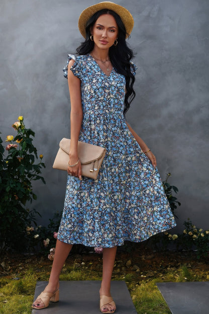 Boho Floral V Neck Ruffle Sleeve A Line Midi Dress