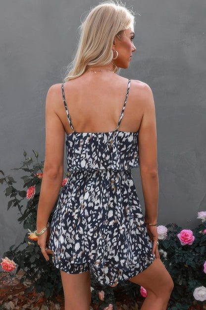 Sleevless Leopard Printed Belt Fit Romper