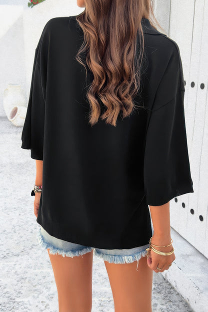 Solid Notched Collar V Neck Knit Short Sleeve Swea