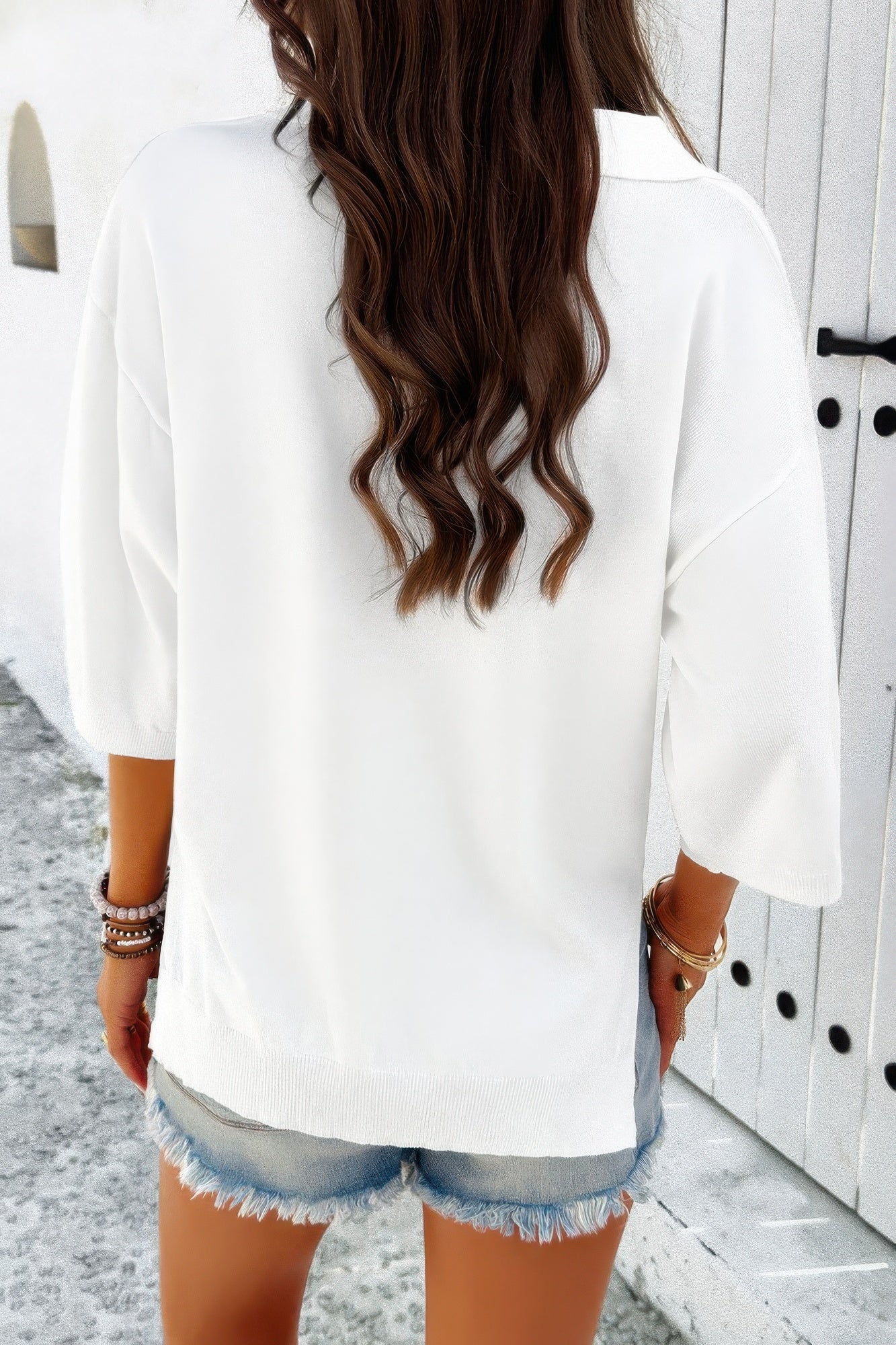 Solid Notched Collar V Neck Knit Short Sleeve Swea