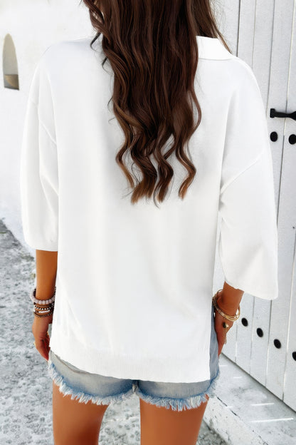 Solid Notched Collar V Neck Knit Short Sleeve Swea