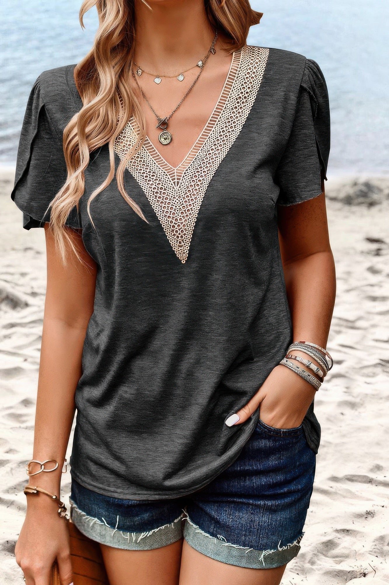 Deep V Neck Lace Ruffle Sleeves Solid Fit Shirt