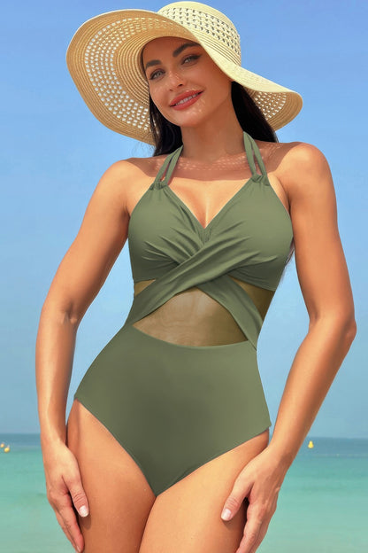 Color Block Halter Cross Lace One Piece Swimsuit