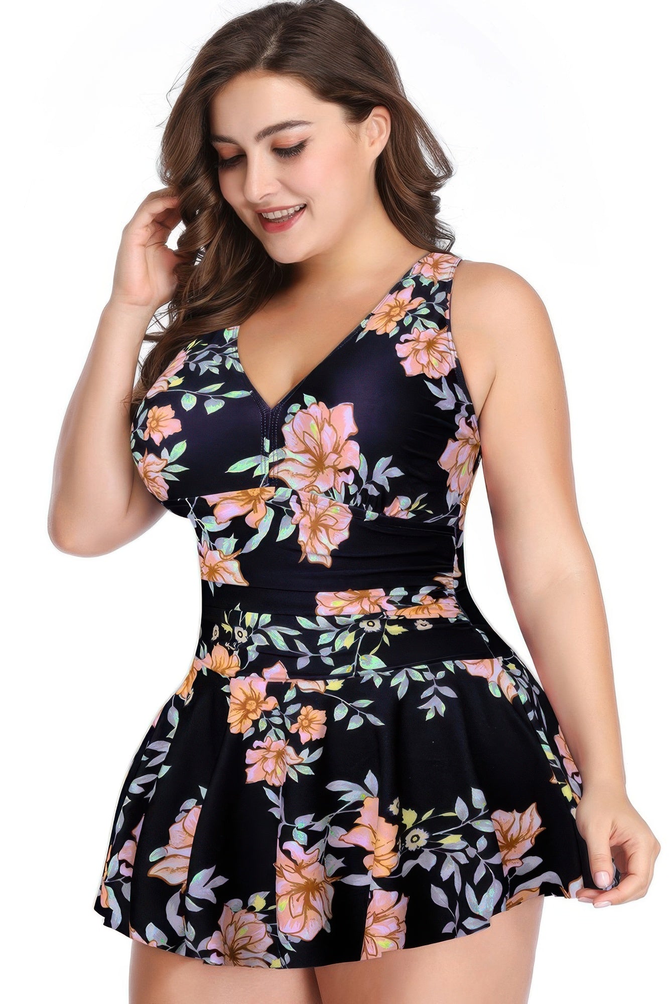 Plus Size Solid Ruffle V Neck Fit Swimsuits
