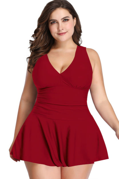 Plus Size Solid Ruffle V Neck Fit Swimsuits