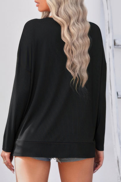 Solid Drop Shoulder V Neck Split Long Sleeve Blous