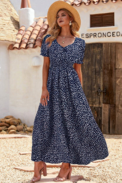 Allover Print Puff Sleeve Ruched Shirred Dress