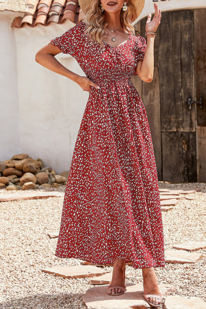 Allover Print Puff Sleeve Ruched Shirred Dress