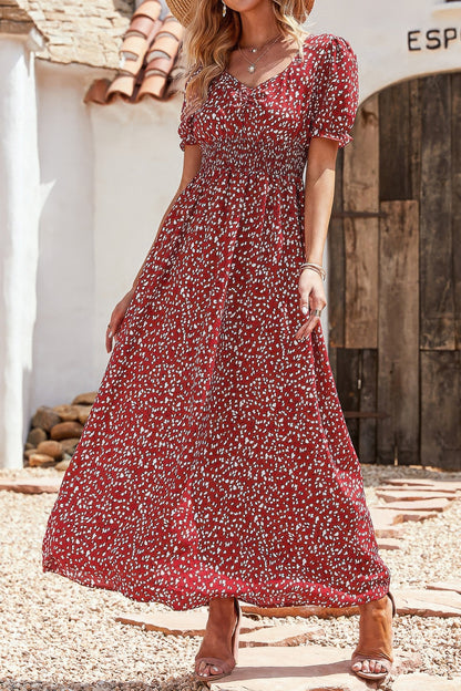 Allover Print Puff Sleeve Ruched Shirred Dress