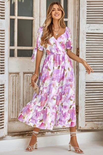 Floral Paint Short Sleeve Tie Cuff Surplice Dress