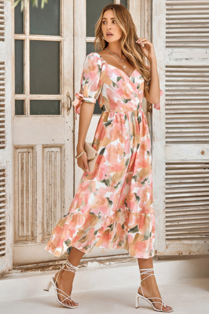 Floral Paint Short Sleeve Tie Cuff Surplice Dress