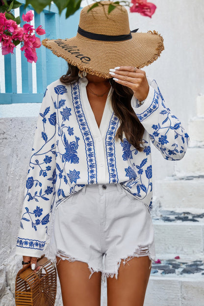 Floral Print Notched Collar V Neck Shirt