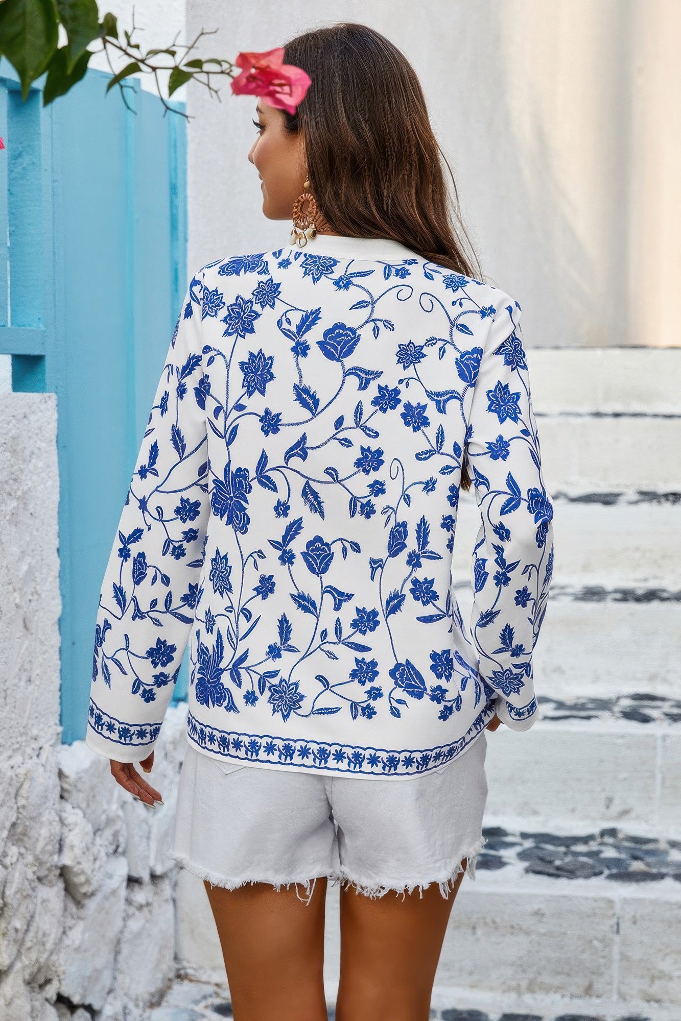 Floral Print Notched Collar V Neck Shirt
