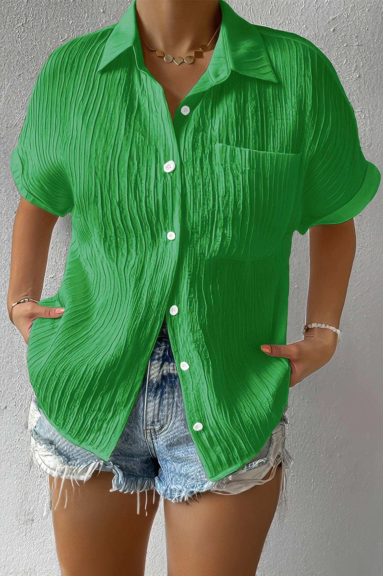 Button Down Lapel Pockets Loose Solid Shirt