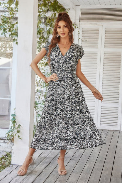 Floral V Neck Ruffle Short Sleeve High Waist Dress