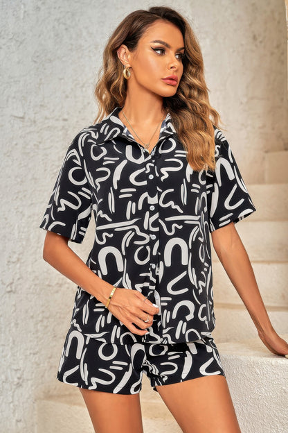 Outfit Sequins Lips Print Button Down Shorts Set