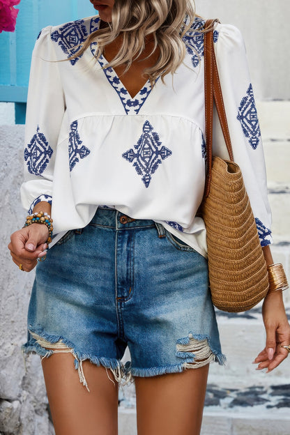 Printed T Shirt V Neck Loose Puff Sleeves Shirts