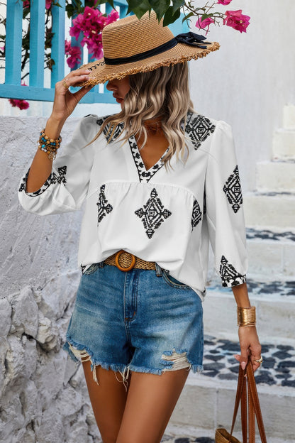 Printed T Shirt V Neck Loose Puff Sleeves Shirts