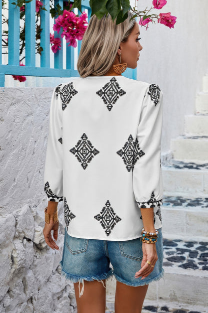 Printed T Shirt V Neck Loose Puff Sleeves Shirts