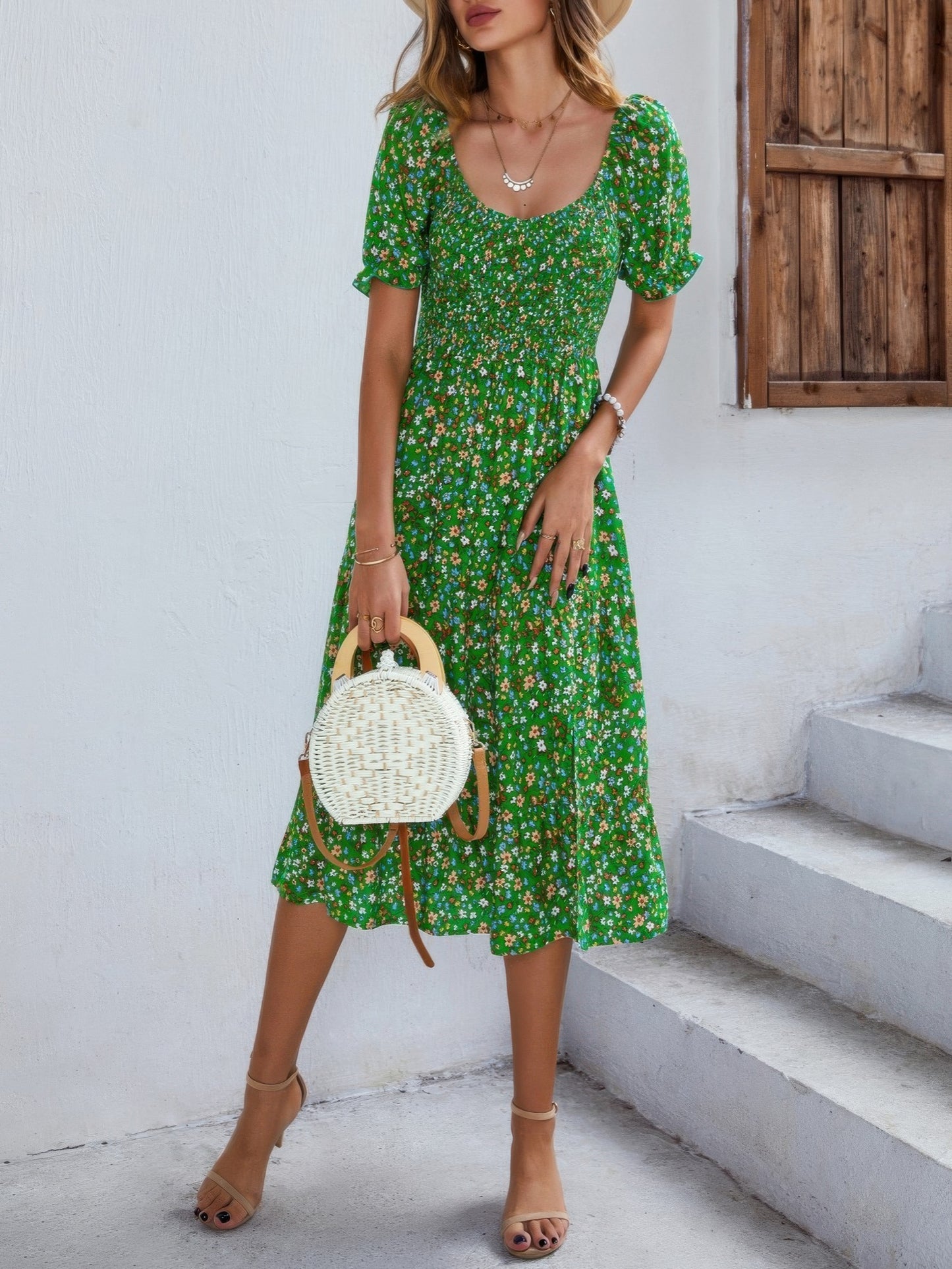 Bohemia Floral Puff Sleeve Flounce Sleeve Dress