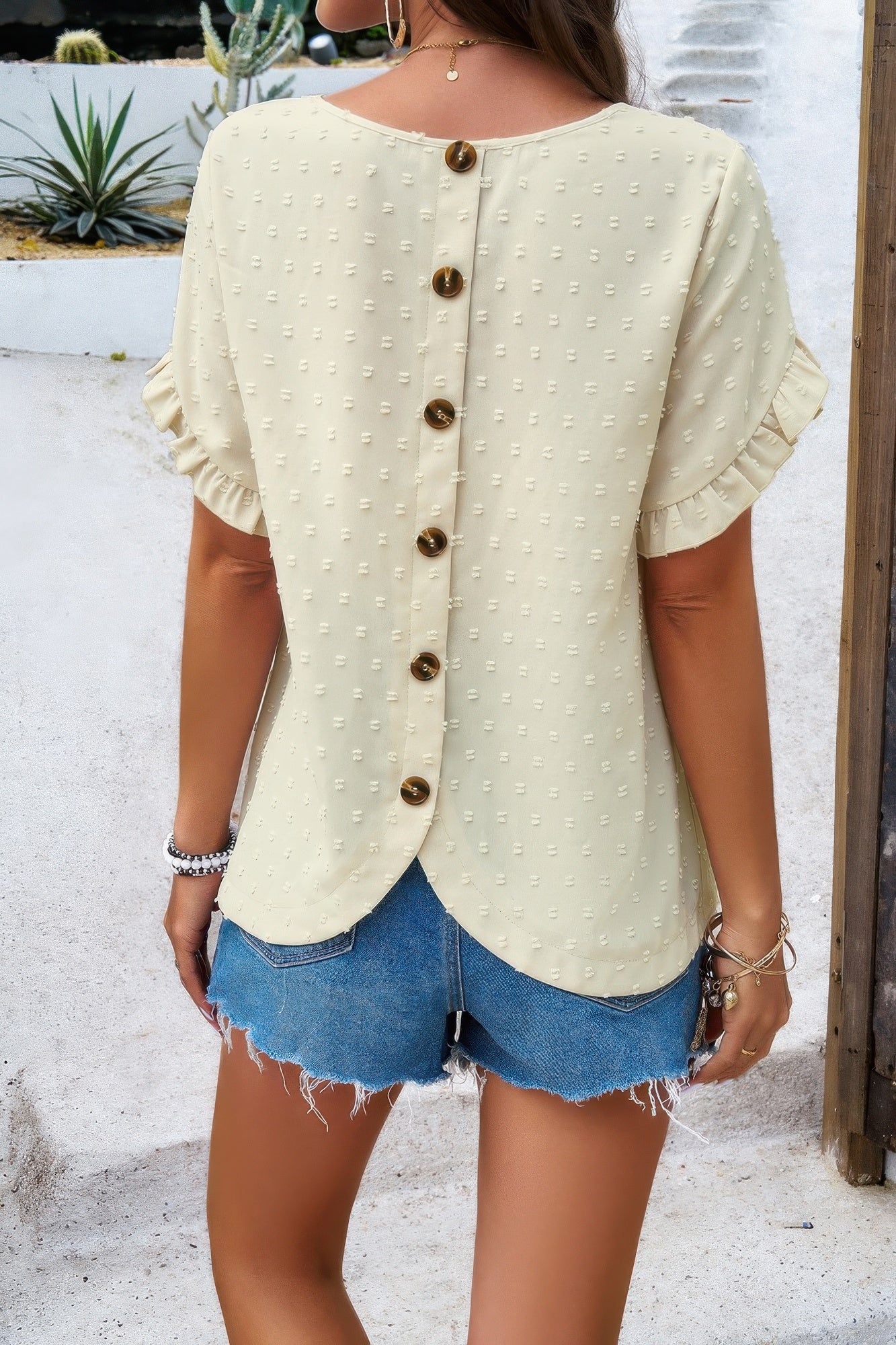 Crewneck Chiffon Polka Dot Ruffle Short Sleeved To