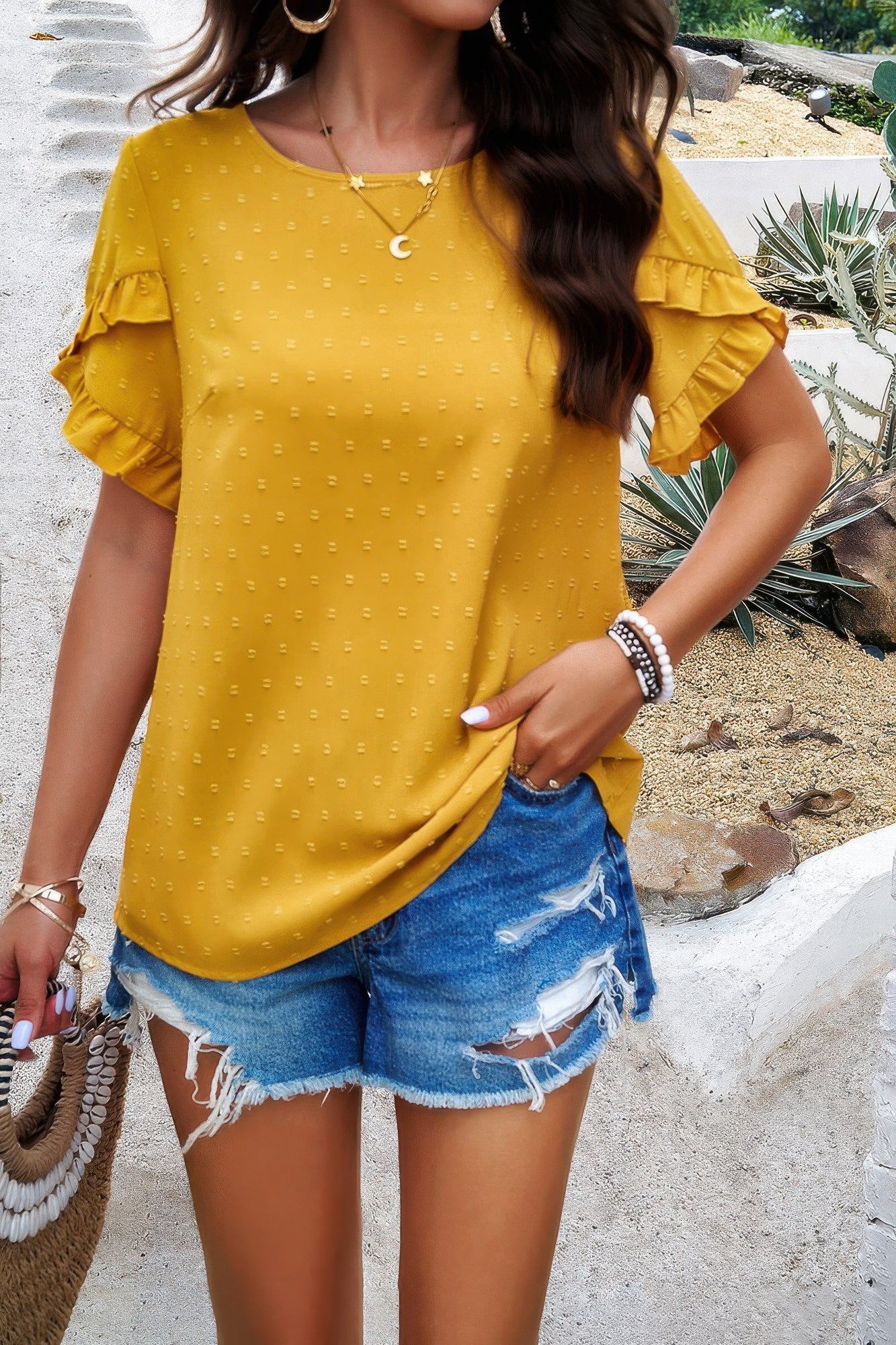 Crewneck Chiffon Polka Dot Ruffle Short Sleeved To