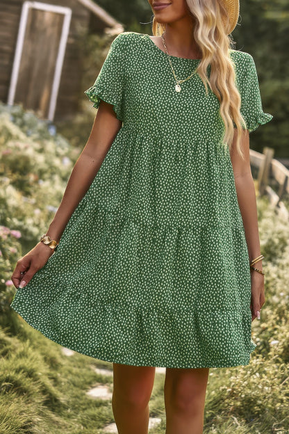 Floral Polka Dots Boat Neck Loose A Line Midi Dres