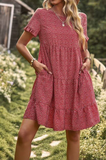 Floral Polka Dots Boat Neck Loose A Line Midi Dres