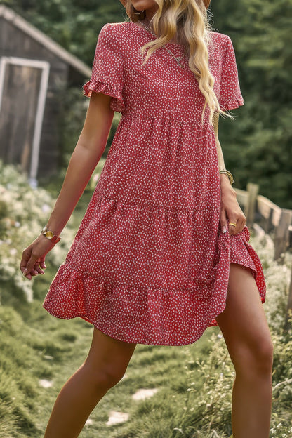 Floral Polka Dots Boat Neck Loose A Line Midi Dres