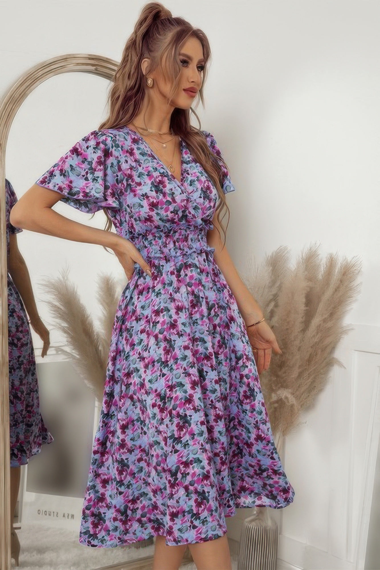 Bohemian Floral V Neck High Waist Midi Dress