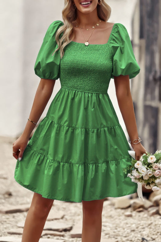 Square Neck Ruched Balloon Sleeve Smocked Midi Dress