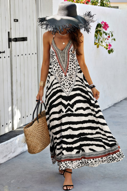 Animal Print Halter Deep V Ruffle Maxi Dress