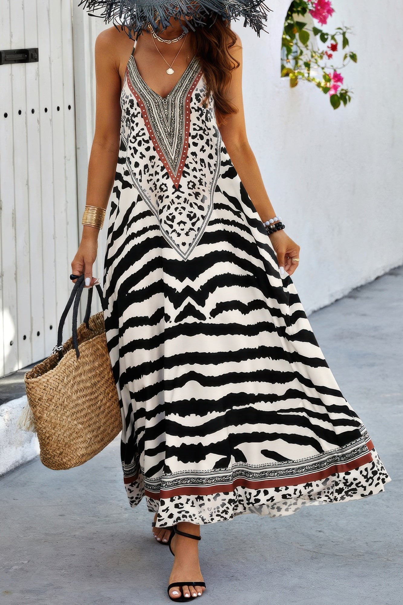 Animal Print Halter Deep V Ruffle Maxi Dress