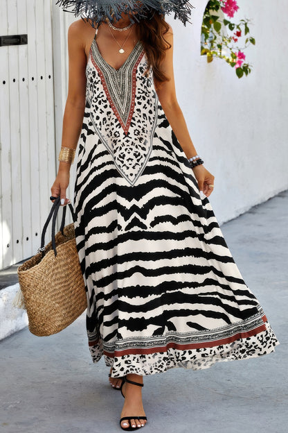 Animal Print Halter Deep V Ruffle Maxi Dress