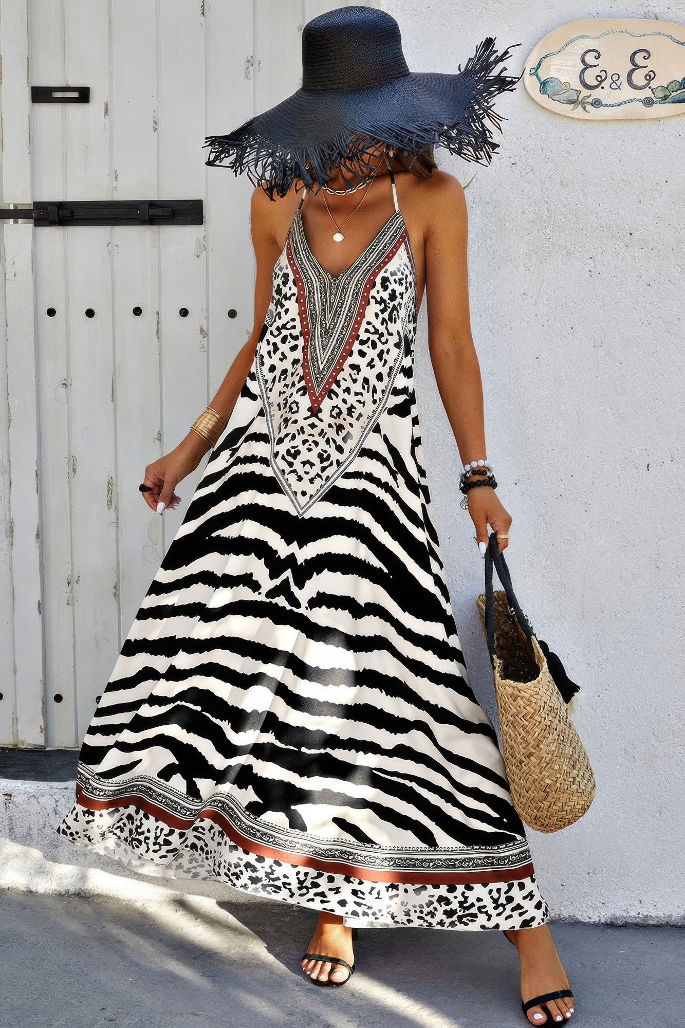 Animal Print Halter Deep V Ruffle Maxi Dress