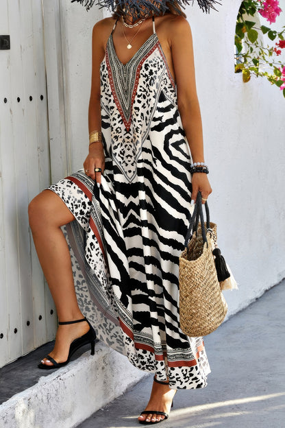Animal Print Halter Deep V Ruffle Maxi Dress