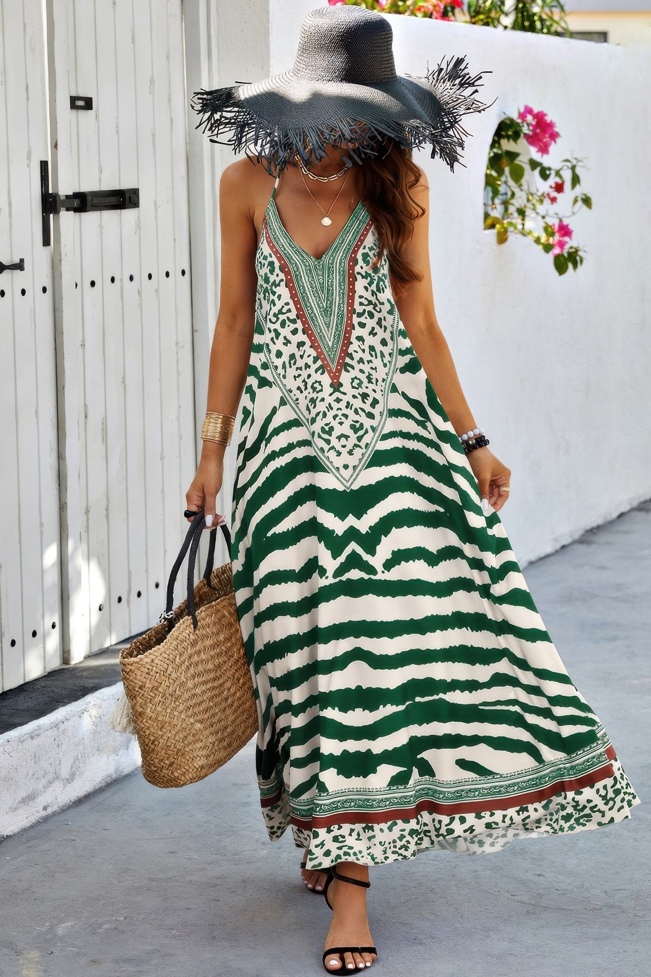 Animal Print Halter Deep V Ruffle Maxi Dress