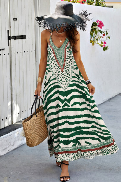 Animal Print Halter Deep V Ruffle Maxi Dress