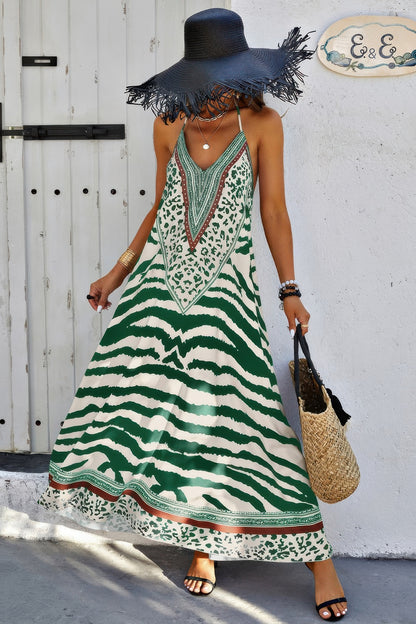 Animal Print Halter Deep V Ruffle Maxi Dress