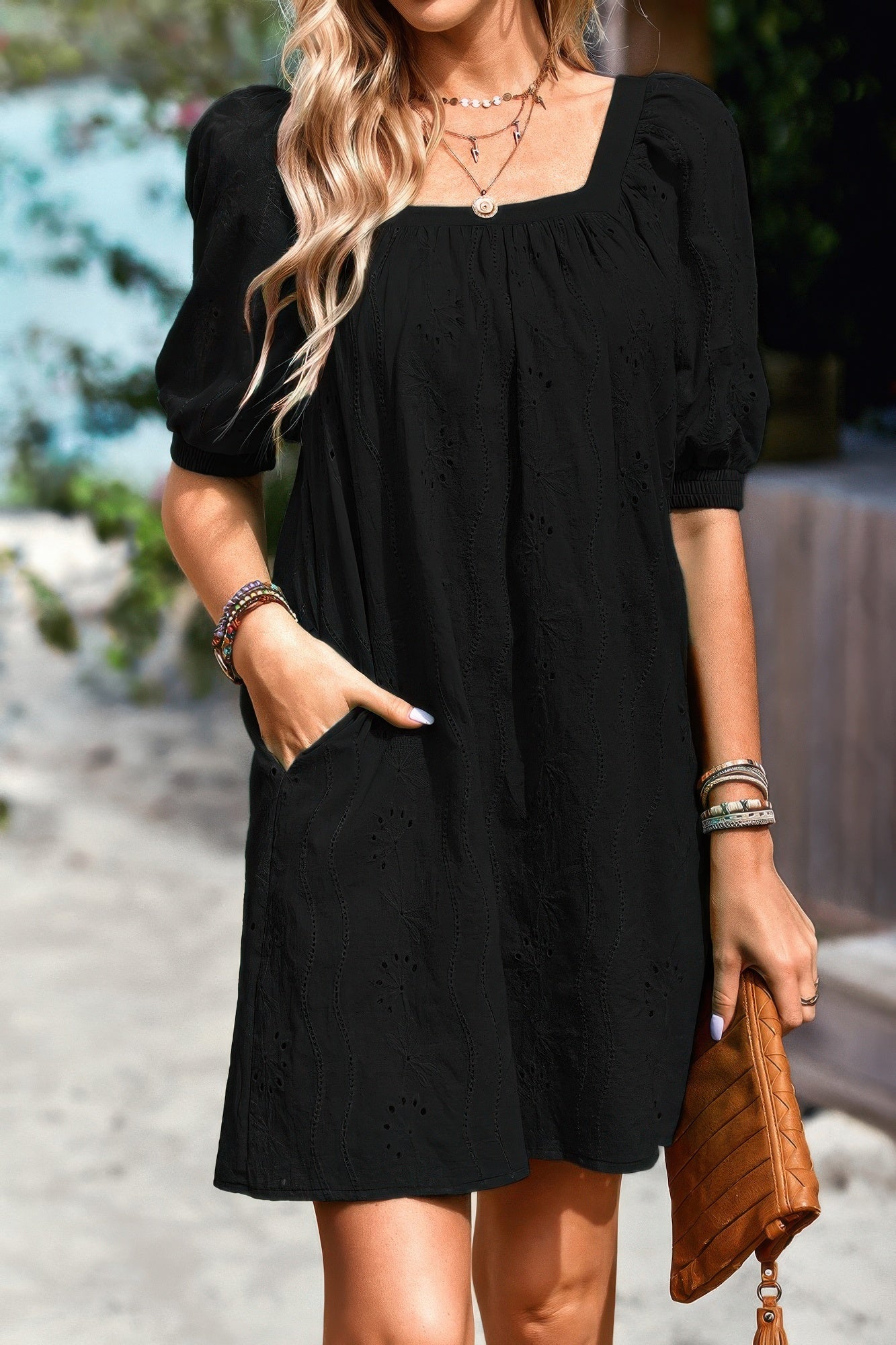 Square Neck Short Bubble Sleeve Babydoll Dress
