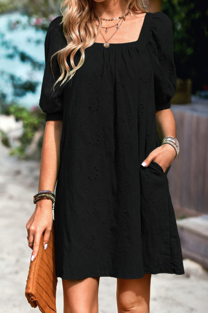 Square Neck Short Bubble Sleeve Babydoll Dress