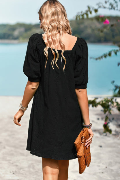 Square Neck Short Bubble Sleeve Babydoll Dress