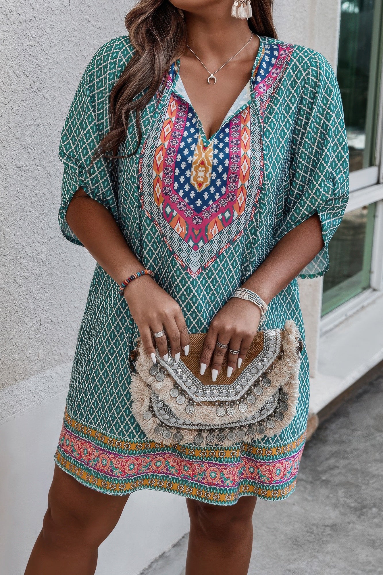 Plus Size V Neck Printed Loose Fit Midi Dress