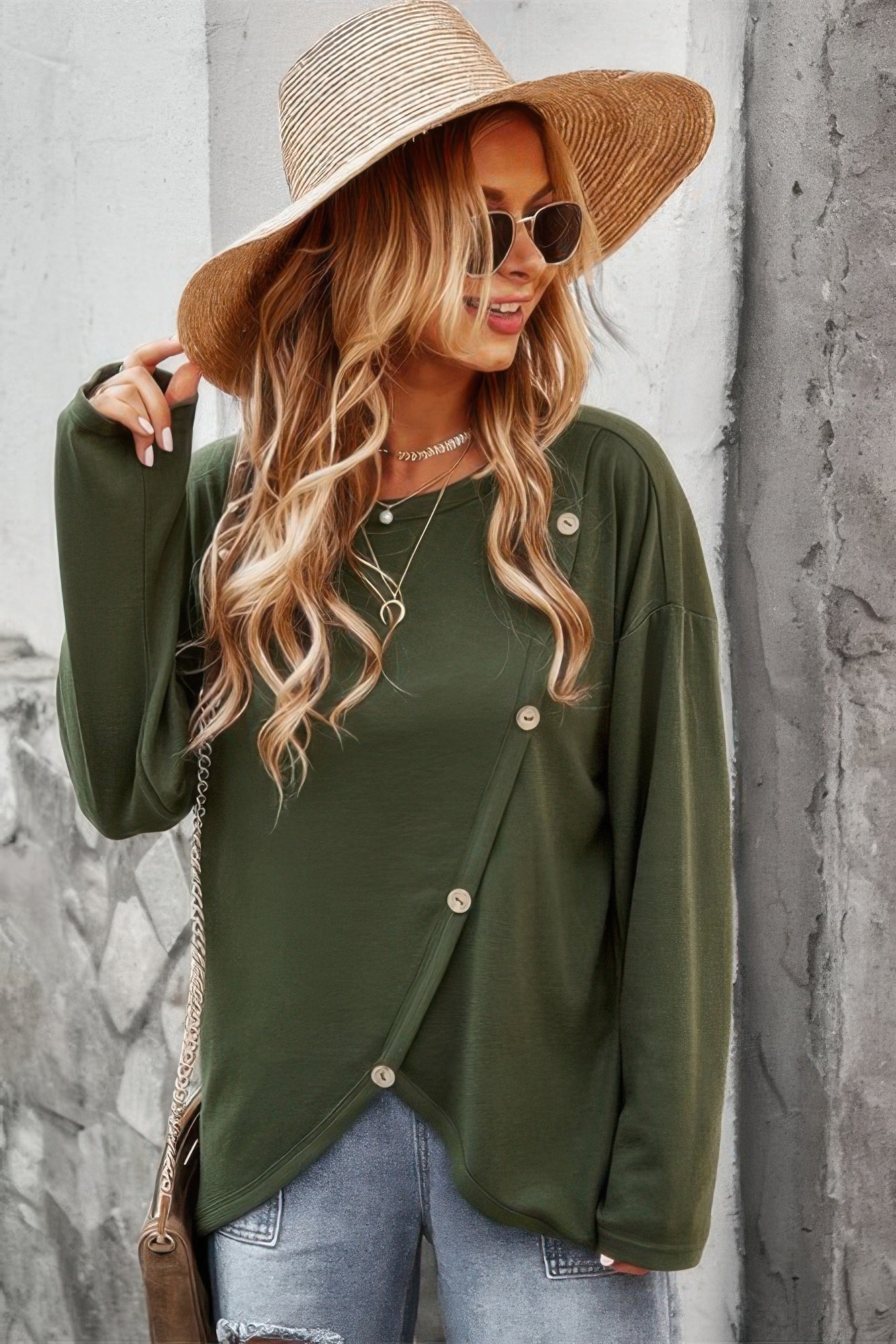 Round Neck Solid Button Top
