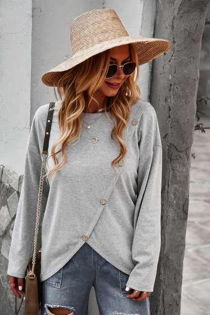 Round Neck Solid Button Top