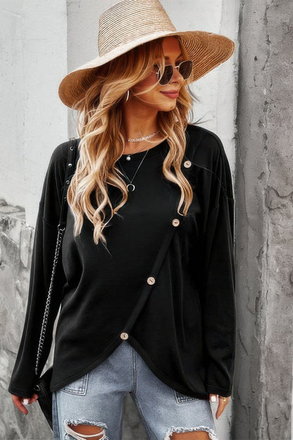 Round Neck Solid Button Top