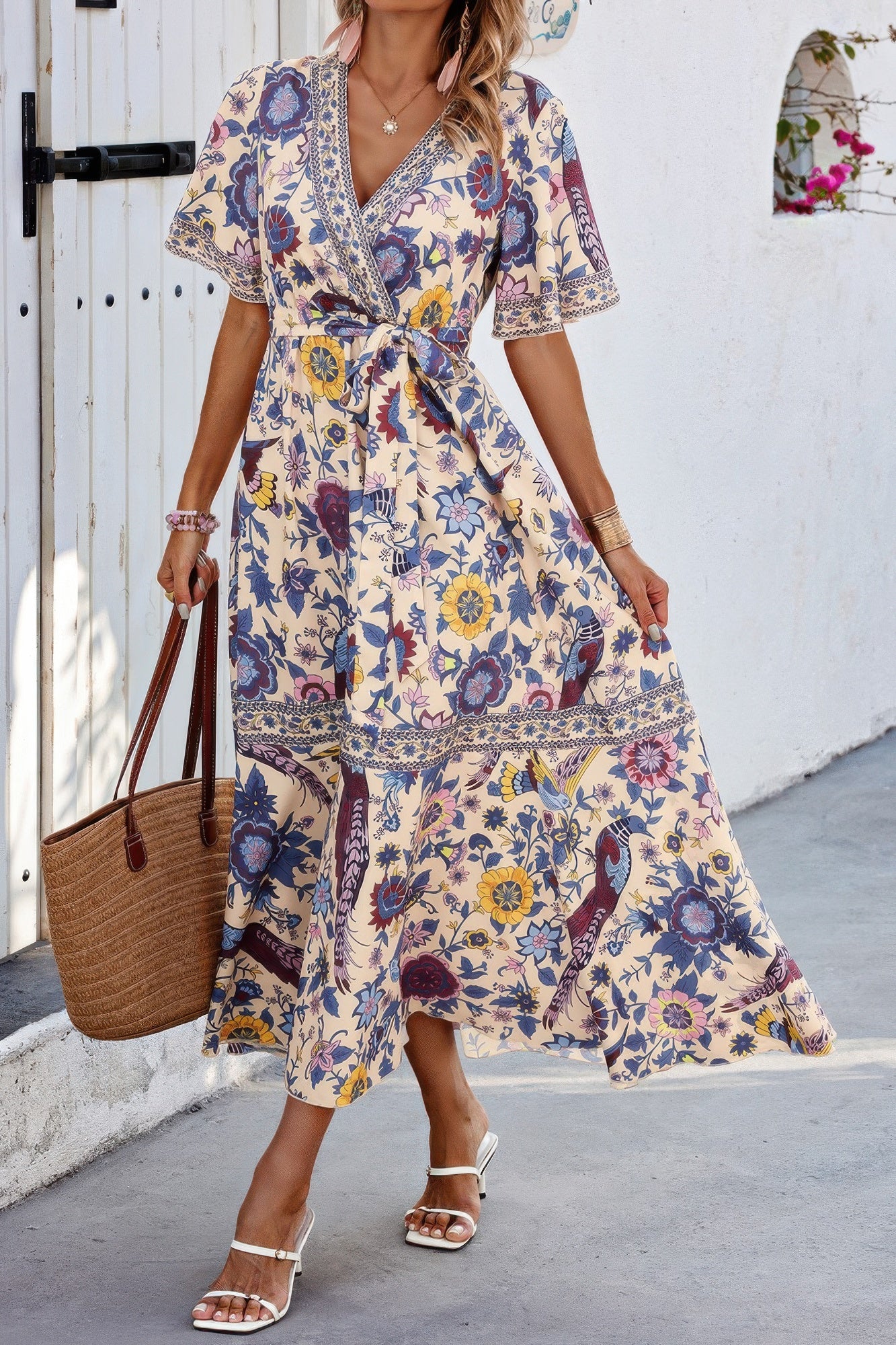Floral Print Lace Trim Cross Belt A Line Dress