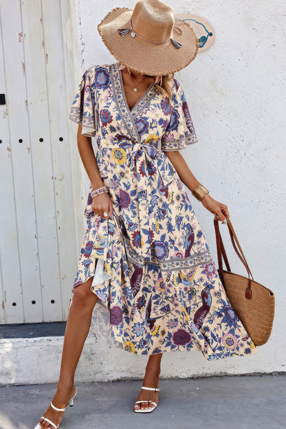 Floral Print Lace Trim Cross Belt A Line Dress